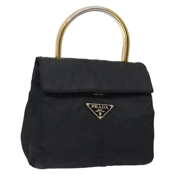 PRADA Hand Bag Nylon Black Gold Auth 131867 - Picture 1 of 16